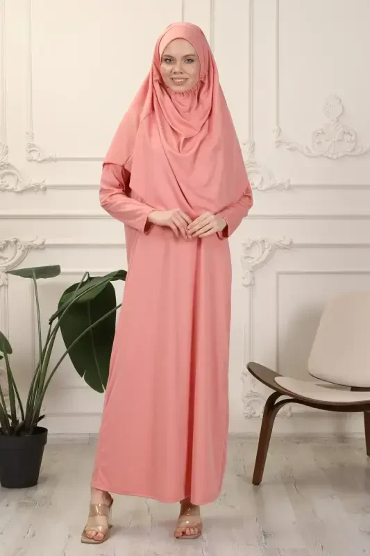 Rose Ash One Piece Easy-to-Wear Self-Hijab Prayer Dress-Rose Ash - 3