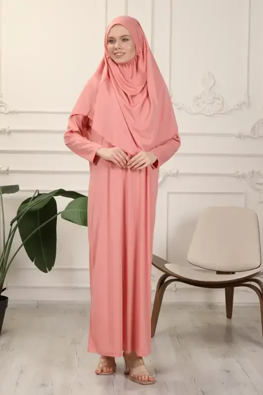 Rose Ash One Piece Easy-to-Wear Self-Hijab Prayer Dress-Rose Ash - 4