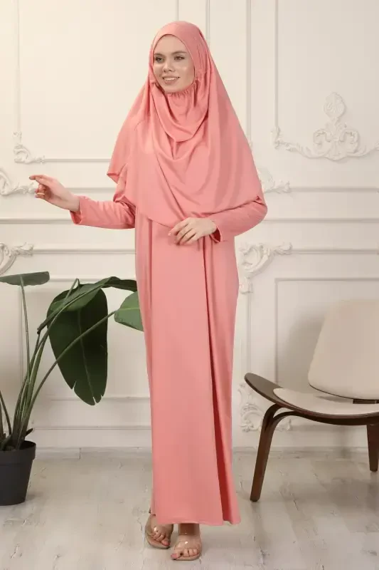 Rose Ash One Piece Easy-to-Wear Self-Hijab Prayer Dress-Rose Ash - 5