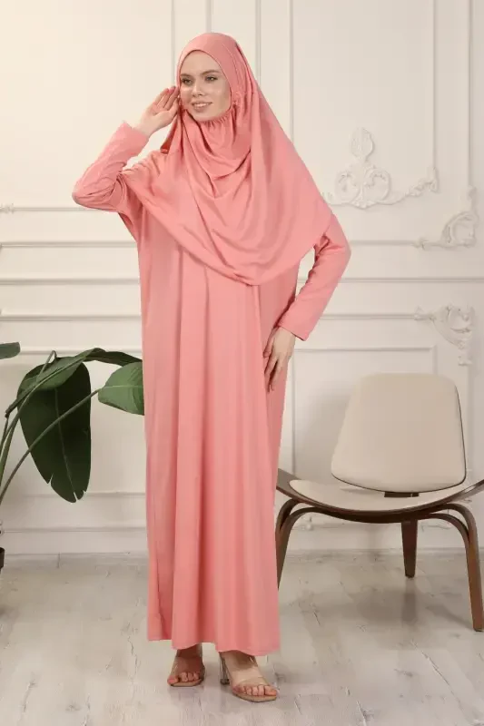 Rose Ash One Piece Easy-to-Wear Self-Hijab Prayer Dress-Rose Ash - 7