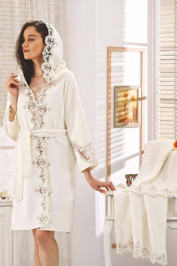 Rose Cream Honeymoon Dowry Lace 4 Piece Bridal Bathrobe Set Cotton Robe - 1