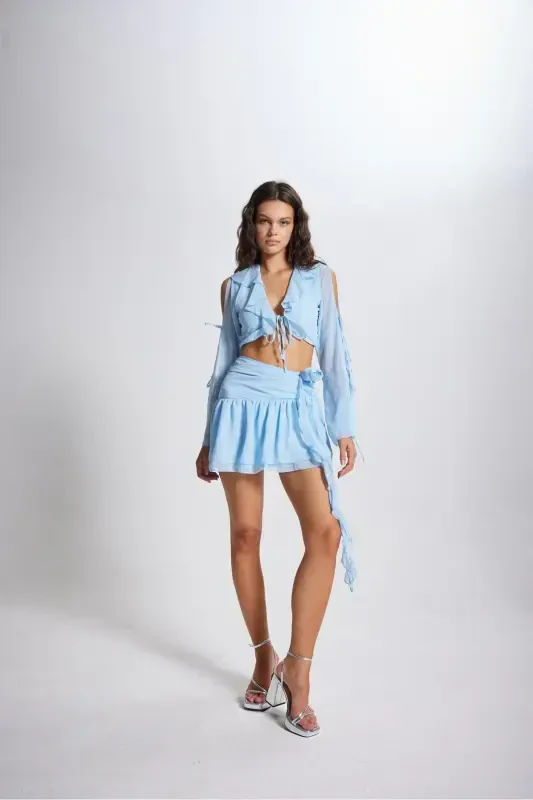 Rose Detailed Chiffon Carmen Skirt Blue - 5