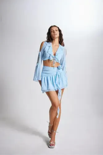 Rose Detailed Chiffon Carmen Skirt Blue - 6