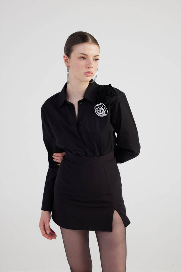 Rose Detailed Poplin Madison Shirt Black - 3