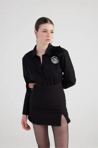 Rose Detailed Poplin Madison Shirt Black - 4