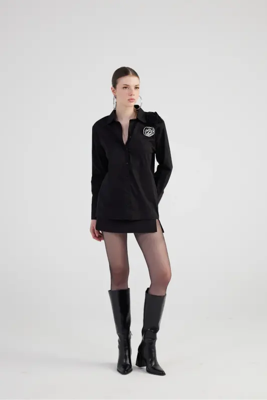 Rose Detailed Poplin Madison Shirt Black - 5