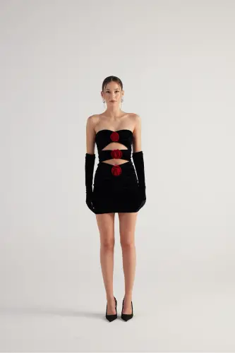 Rose Detailed Strapless Mini Velvet Samara Dress Black - 8