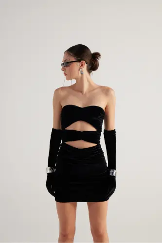 Rose Detailed Strapless Mini Velvet Samara Dress Black - 3