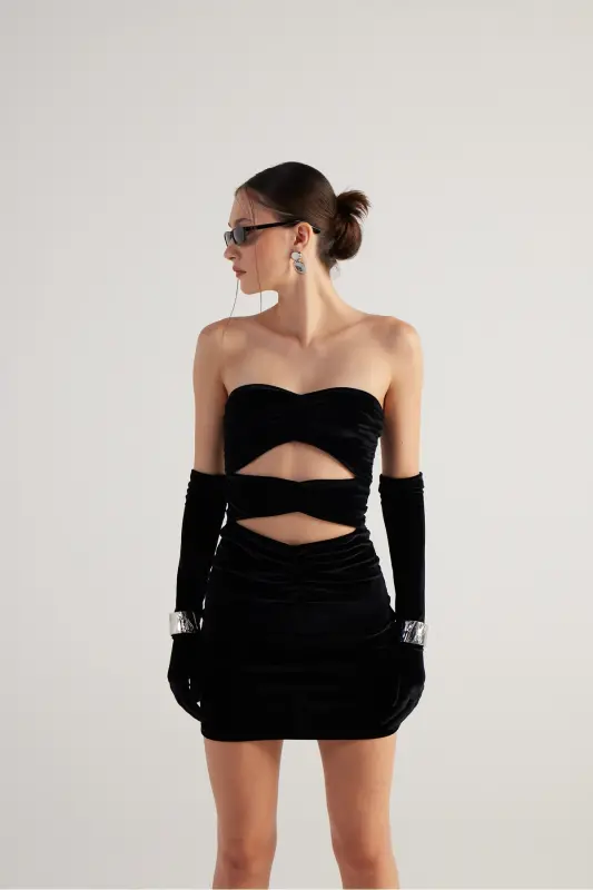 Rose Detailed Strapless Mini Velvet Samara Dress Black - 3