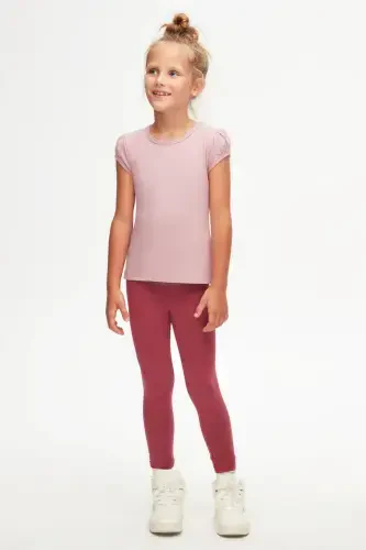 Rose Gold Basic Girl's Crew Neck Puff Sleeve T-shirt-DUSTY ROSE - 1