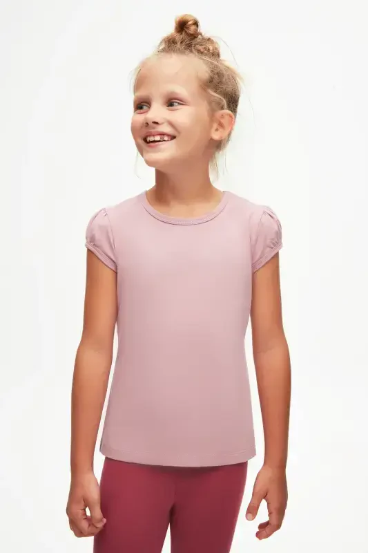 Rose Gold Basic Girl's Crew Neck Puff Sleeve T-shirt-DUSTY ROSE - 2