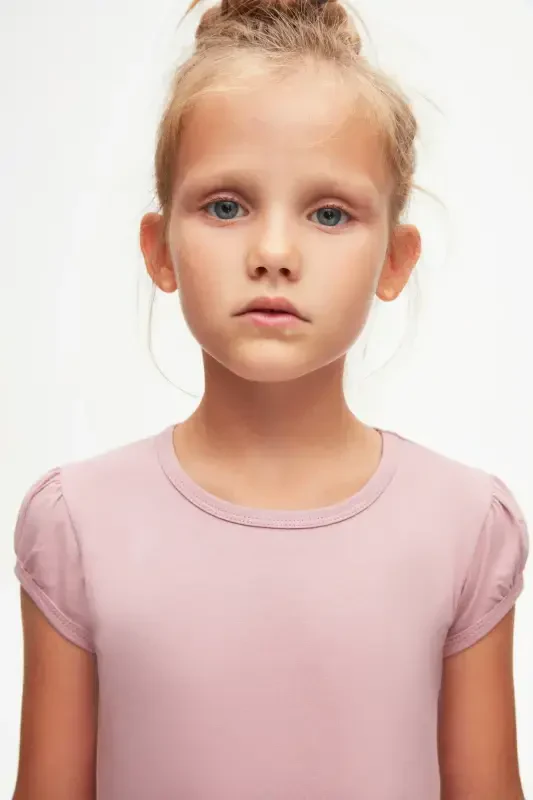 Rose Gold Basic Girl's Crew Neck Puff Sleeve T-shirt-DUSTY ROSE - 3