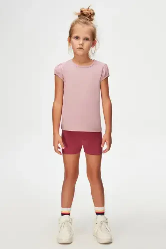 Rose Gold Basic Girl's Crew Neck Puff Sleeve T-shirt-DUSTY ROSE - 5