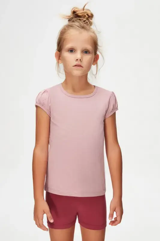 Rose Gold Basic Girl's Crew Neck Puff Sleeve T-shirt-DUSTY ROSE - 6