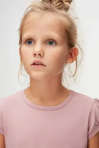 Rose Gold Basic Girl's Crew Neck Puff Sleeve T-shirt-DUSTY ROSE - 7