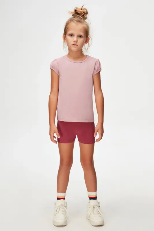 Rose Gold Basic Girl's Crew Neck Puff Sleeve T-shirt-DUSTY ROSE - 5