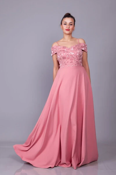 Rose Gold Strappy Off-Shoulder Floral Tulle Detail Maxi Flared Evening Dress - Modazone