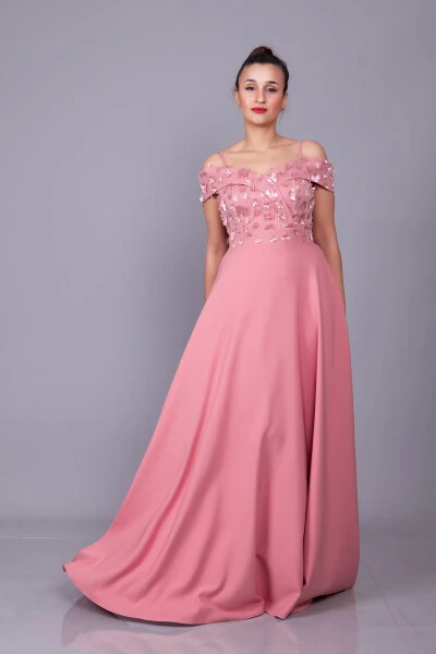 Rose Gold Strappy Off-Shoulder Floral Tulle Detail Maxi Flared Evening Dress - 5