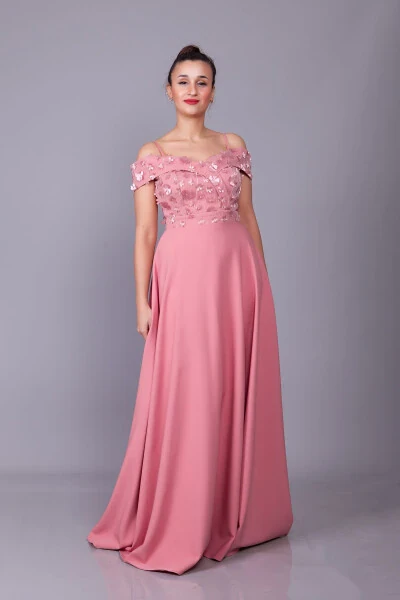 Rose Gold Strappy Off-Shoulder Floral Tulle Detail Maxi Flared Evening Dress - 6