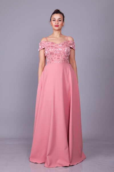 Rose Gold Strappy Off-Shoulder Floral Tulle Detail Maxi Flared Evening Dress - 11