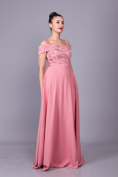 Rose Gold Strappy Off-Shoulder Floral Tulle Detail Maxi Flared Evening Dress - 13