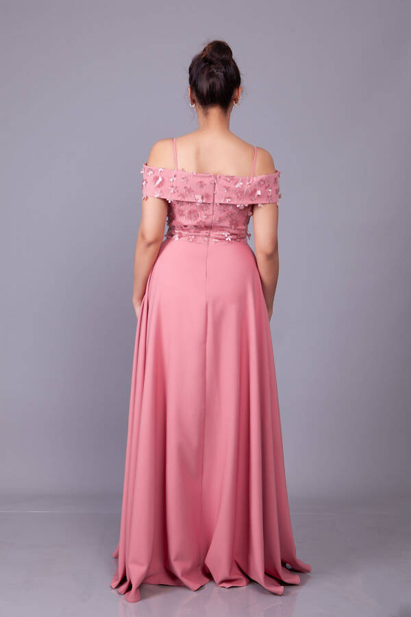 Rose Gold Strappy Off-Shoulder Floral Tulle Detail Maxi Flared Evening Dress - 16