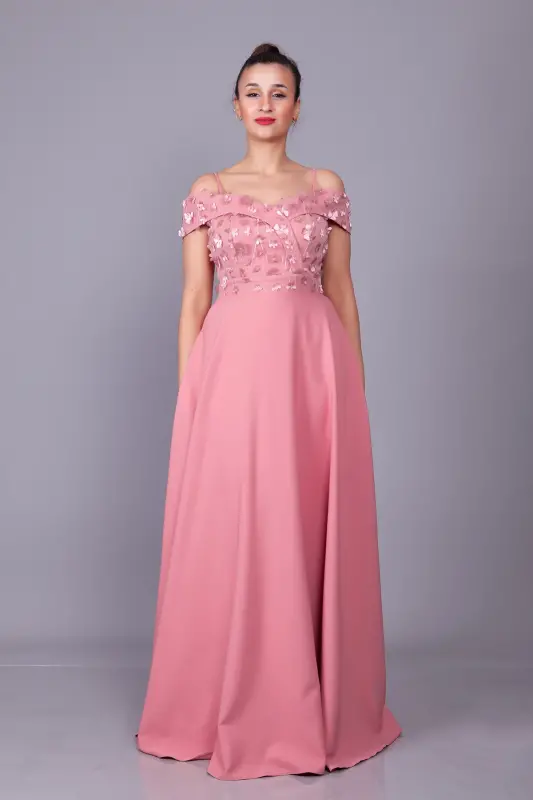 Rose Gold Strappy Off-Shoulder Floral Tulle Detail Maxi Flared Evening Dress - 3