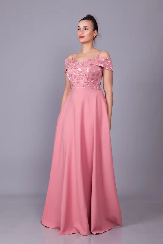 Rose Gold Strappy Off-Shoulder Floral Tulle Detail Maxi Flared Evening Dress - 4