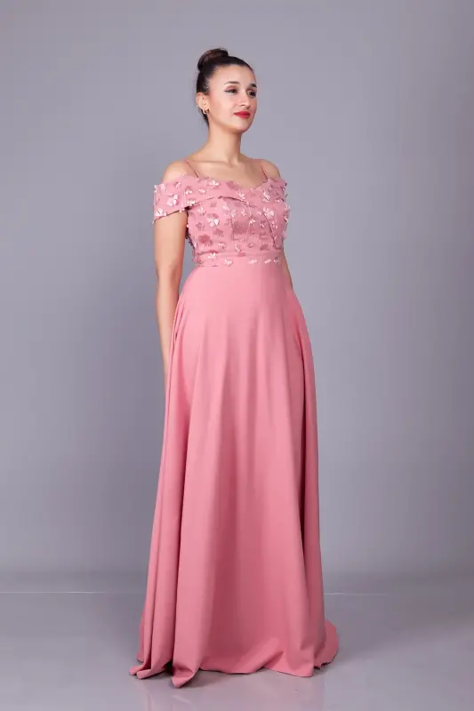 Rose Gold Strappy Off-Shoulder Floral Tulle Detail Maxi Flared Evening Dress - 5