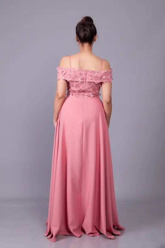 Rose Gold Strappy Off-Shoulder Floral Tulle Detail Maxi Flared Evening Dress - 8