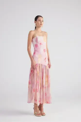 Rose Patterned Lace Detailed Slit Chiffon Long Vivian Dress - HOLLY LOLLY (1)