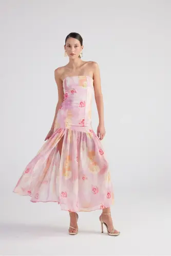 Rose Patterned Lace Detailed Slit Chiffon Long Vivian Dress - 3