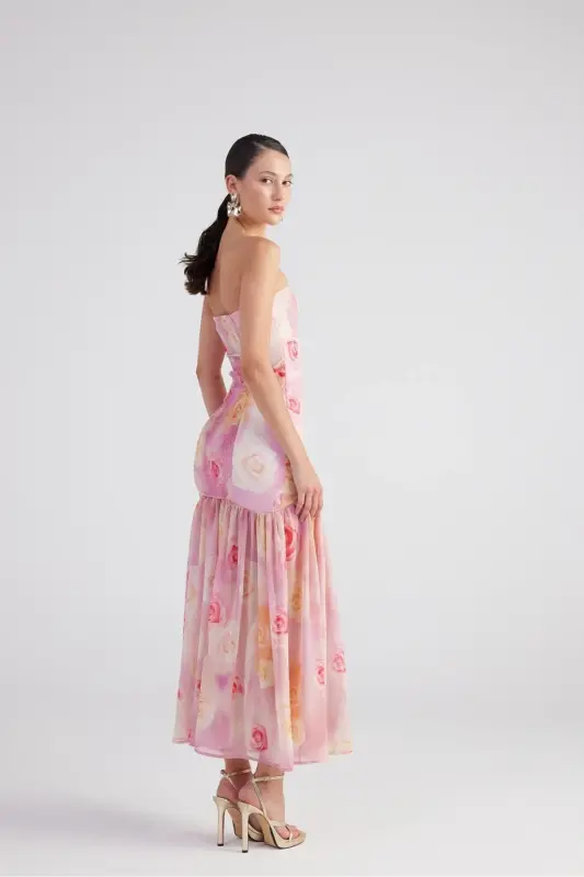 Rose Patterned Lace Detailed Slit Chiffon Long Vivian Dress - 4