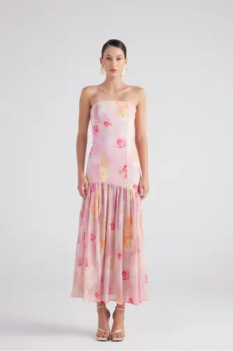 Rose Patterned Lace Detailed Slit Chiffon Long Vivian Dress - 6