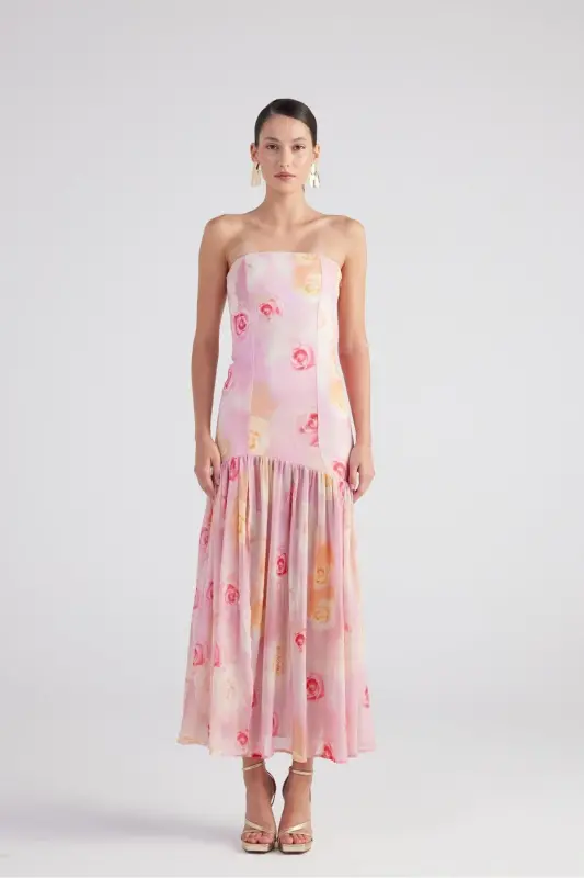 Rose Patterned Lace Detailed Slit Chiffon Long Vivian Dress - 6