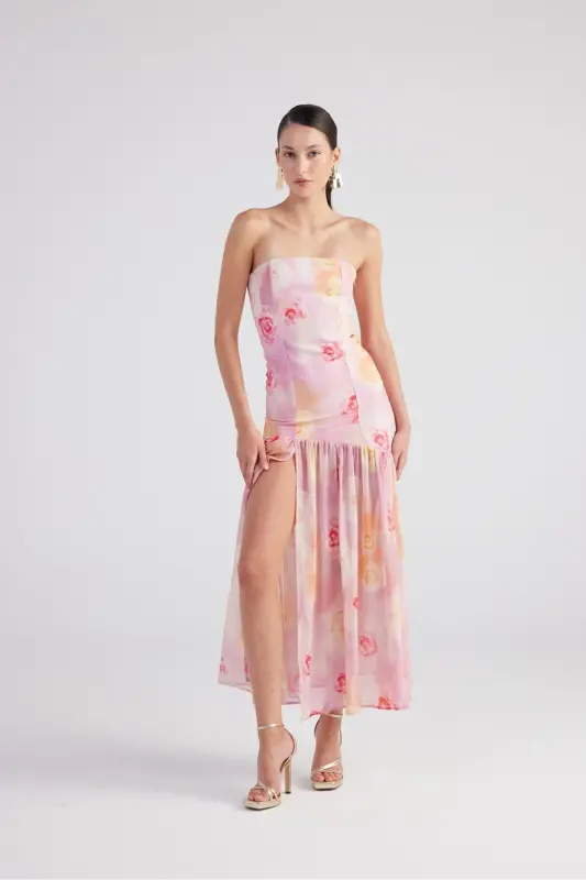 Rose Patterned Lace Detailed Slit Chiffon Long Vivian Dress - 2