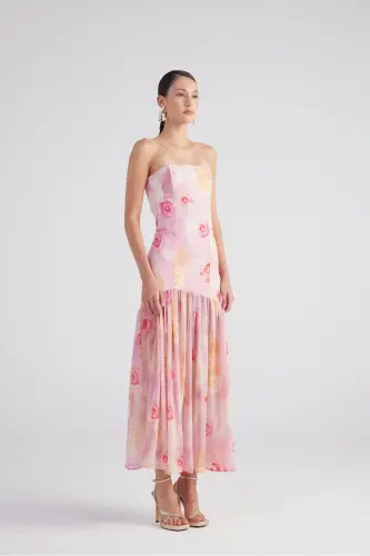 Rose Patterned Lace Detailed Slit Chiffon Long Vivian Dress - 3