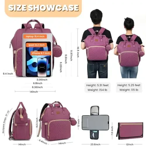 ROSEGIN Diaper Bag Backpack with Changing Pad, Pacifier Case, Baby Bag for Boy Girl Toddler - Large, Stylish, Waterproof Travel Quilted Diaper Bag for Mom - Baby Shower - Purple - 6