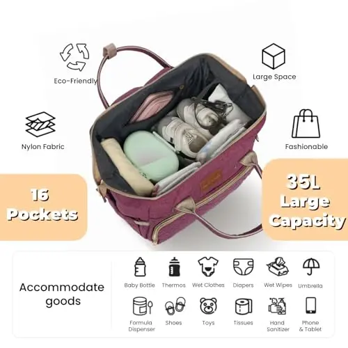 ROSEGIN Diaper Bag Backpack with Changing Pad, Pacifier Case, Baby Bag for Boy Girl Toddler - Large, Stylish, Waterproof Travel Quilted Diaper Bag for Mom - Baby Shower - Purple - 2