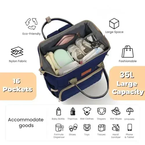ROSEGIN Diaper Bag Backpack with Changing Pad, Pacifier Case, Baby Bag for Boy Girl Toddler - Large, Stylish, Waterproof Travel Quilted Diaper Bag for Mom - Baby Shower - Navy Blue - 2