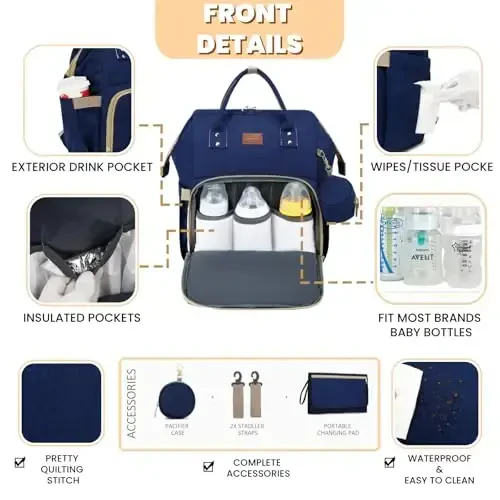 ROSEGIN Diaper Bag Backpack with Changing Pad, Pacifier Case, Baby Bag for Boy Girl Toddler - Large, Stylish, Waterproof Travel Quilted Diaper Bag for Mom - Baby Shower - Navy Blue - 3