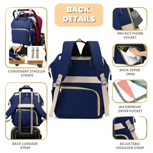 ROSEGIN Diaper Bag Backpack with Changing Pad, Pacifier Case, Baby Bag for Boy Girl Toddler - Large, Stylish, Waterproof Travel Quilted Diaper Bag for Mom - Baby Shower - Navy Blue - 4