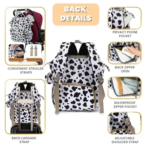 ROSEGIN Diaper Bag Backpack with Changing Pad, Pacifier Case, Baby Bag for Boy Girl Toddler - Large, Stylish, Waterproof Travel Quilted Diaper Bag for Mom - Baby Shower Registry - Cow - 4