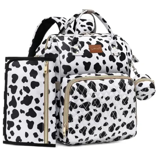ROSEGIN Diaper Bag Backpack with Changing Pad, Pacifier Case, Baby Bag for Boy Girl Toddler - Large, Stylish, Waterproof Travel Quilted Diaper Bag for Mom - Baby Shower Registry - Cow 