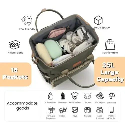 ROSEGIN Diaper Bag Backpack with Changing Pad, Pacifier Case, Baby Bag for Boy Girl Toddler - Large, Stylish, Waterproof Travel Quilted Diaper Bag for Mom - Baby Shower - Army Green - ROSEGIN (1)