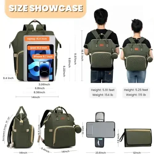 ROSEGIN Diaper Bag Backpack with Changing Pad, Pacifier Case, Baby Bag for Boy Girl Toddler - Large, Stylish, Waterproof Travel Quilted Diaper Bag for Mom - Baby Shower - Army Green - 6