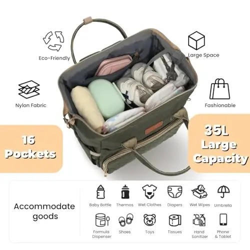 ROSEGIN Diaper Bag Backpack with Changing Pad, Pacifier Case, Baby Bag for Boy Girl Toddler - Large, Stylish, Waterproof Travel Quilted Diaper Bag for Mom - Baby Shower - Army Green - ROSEGIN (1)