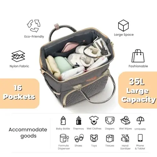 ROSEGIN Baby Diaper Bag Backpack with Changing Pad, Pacifier Case, for Boy Girl Toddler - Large, Stylish, Waterproof Travel Quilted Diaper Bag for Mom - Baby Shower Gifts - Grey - 2