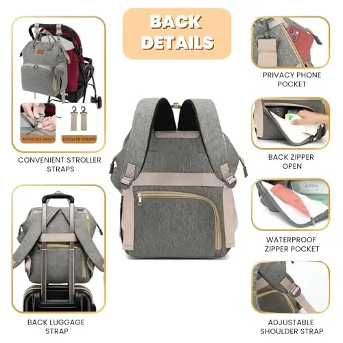 ROSEGIN Baby Diaper Bag Backpack with Changing Pad, Pacifier Case, for Boy Girl Toddler - Large, Stylish, Waterproof Travel Quilted Diaper Bag for Mom - Baby Shower Gifts - Grey - 4