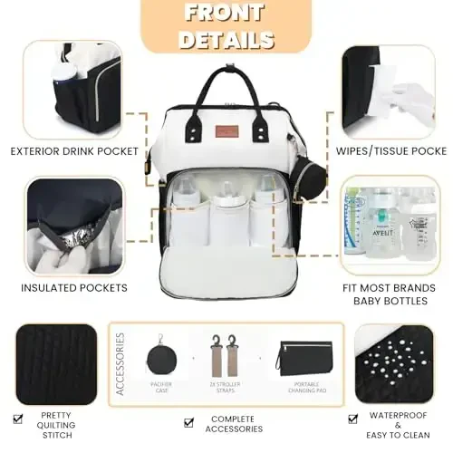 ROSEGIN Baby Diaper Bag Backpack with Changing Pad, Pacifier Case, for Boy Girl Toddler - Large, Stylish, Waterproof Travel Quilted Diaper Bag for Mom - Black/White - 3